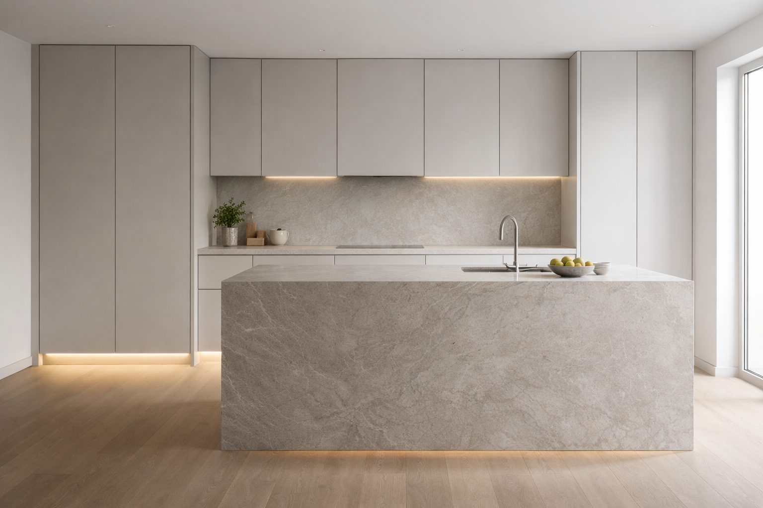 Minimalist kitchen cabinetry with embedded toe-kick LED lighting