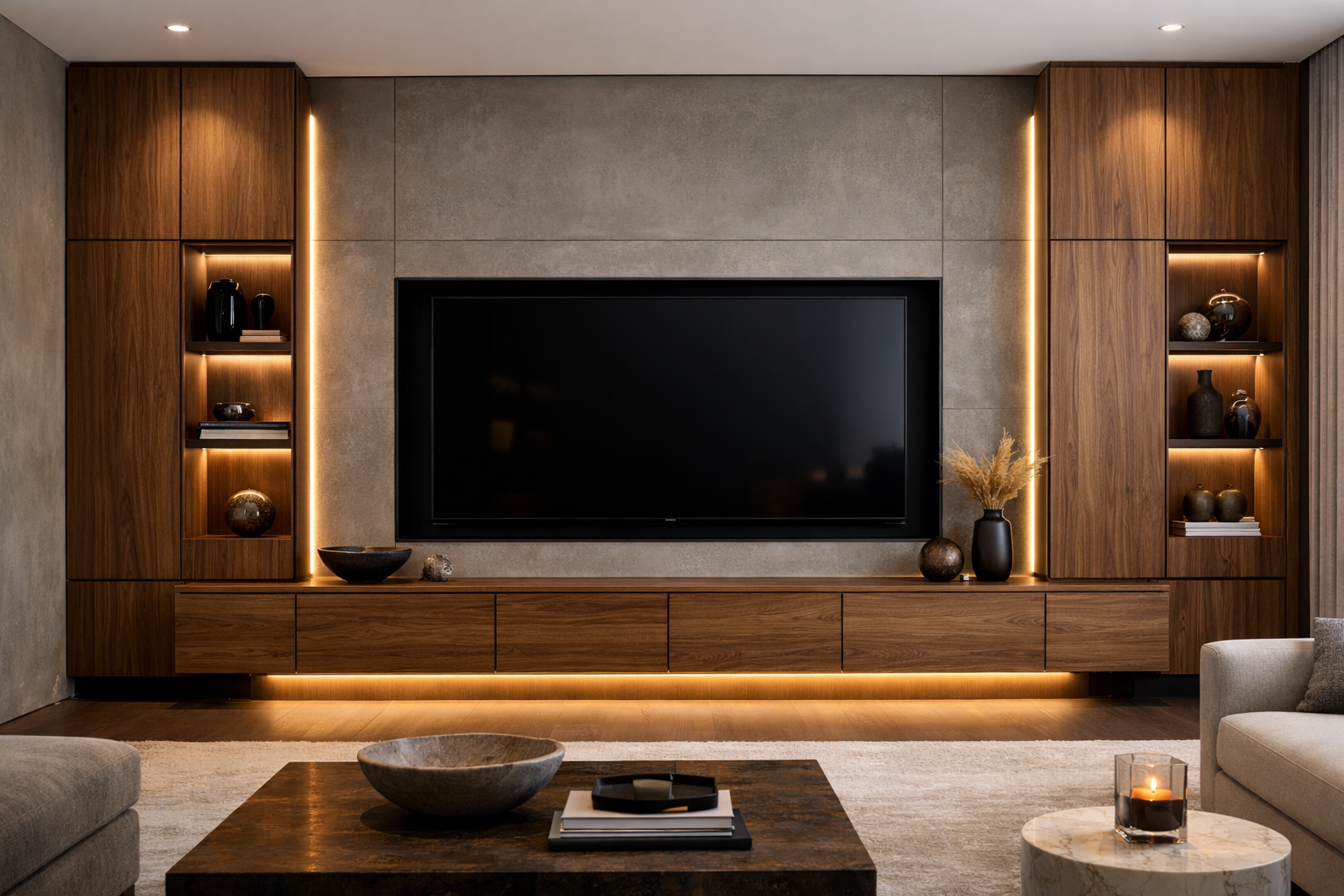Floating media wall cabinetry with integrated warm LED accents